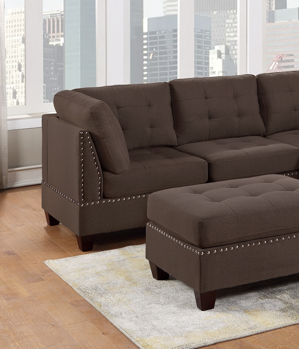 Eleni Modular Sectional 4pc Set 2x Corner Wedge 1x Armless Chair and 1x Ottoman - Coffee