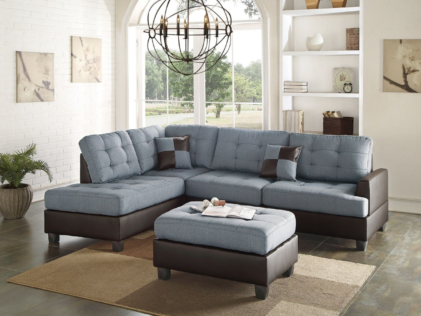 Lucia 3pc Faux Leather Sectional Sofa Set -  Gray