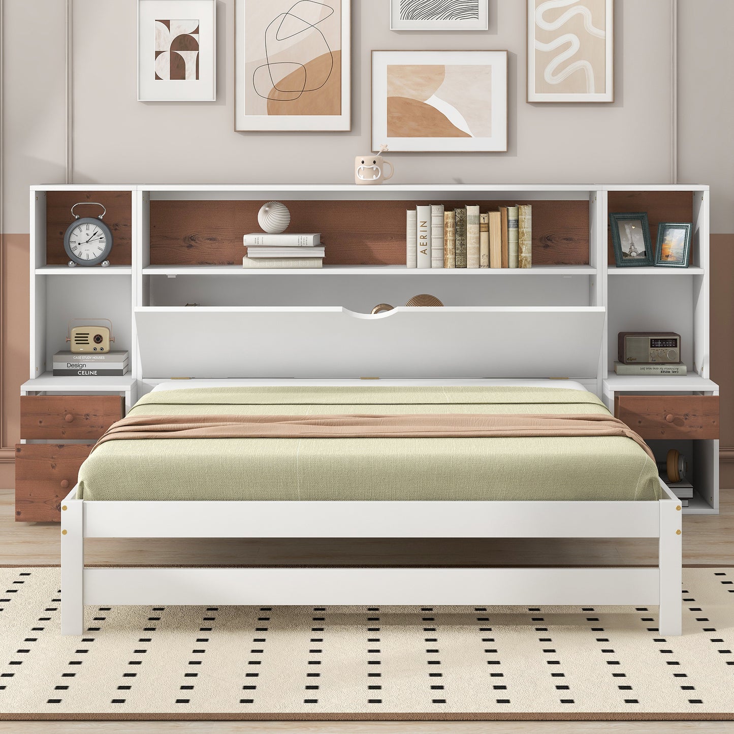 Jo Full Size Platform Bed w Storage Headboard and Drawers - White