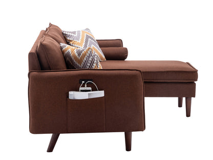 Mia Sectional Sofa Chaise with USB Charger & Pillows - Brown