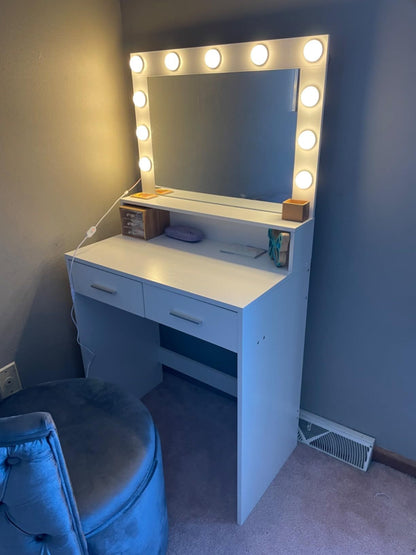 Neve Vanity Desk with Mirror and Lights - White