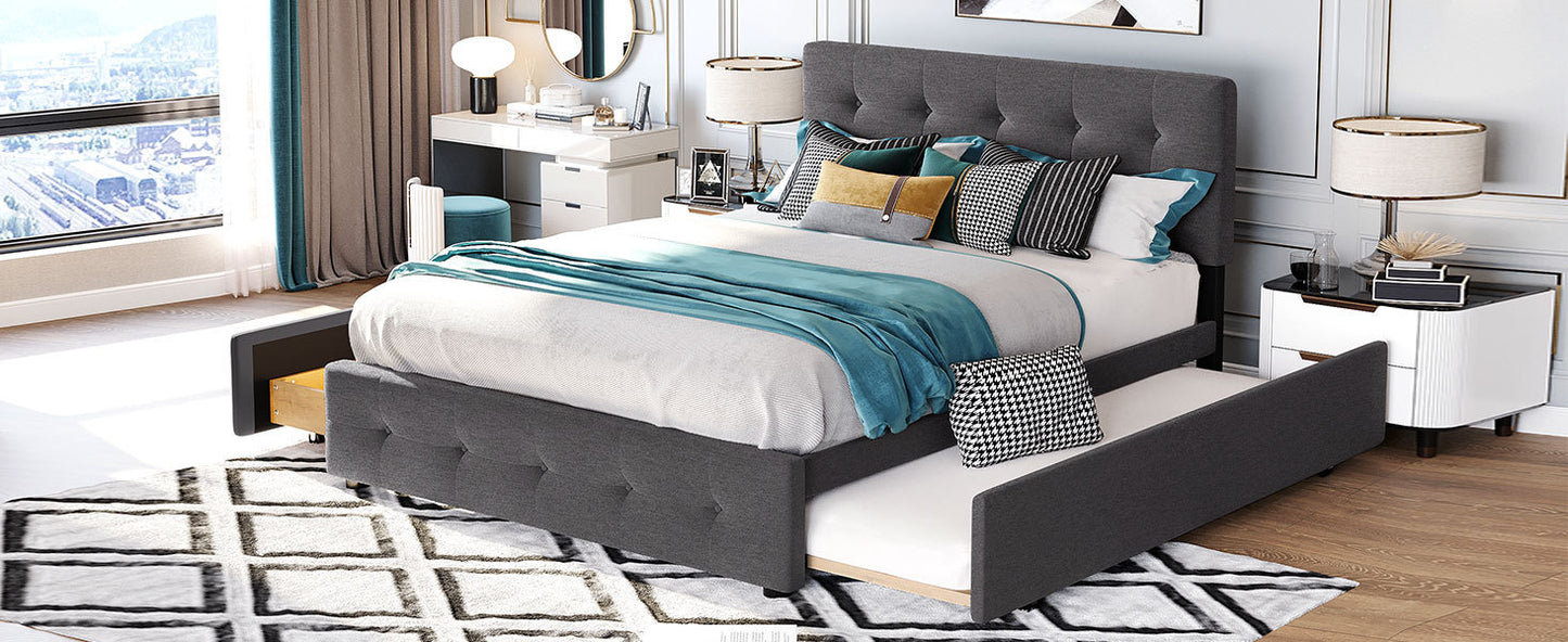 Draco Queen Size Platform Bed with 2 Drawers - Dark Gray