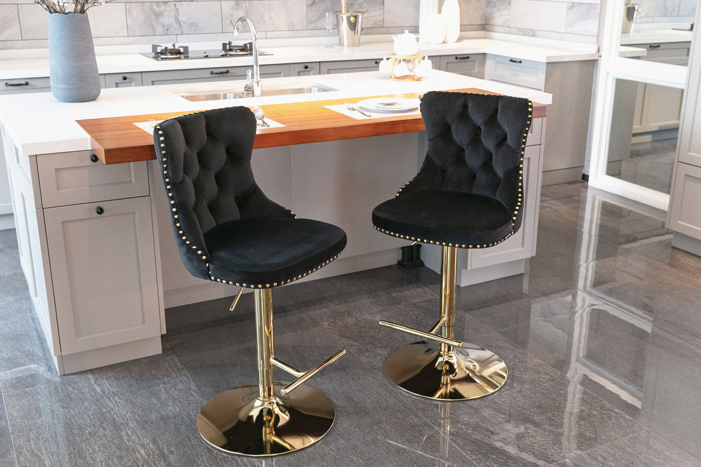 Stellar Golden Swivel Velvet Barstools Adjusatble Height - Black Set of 2