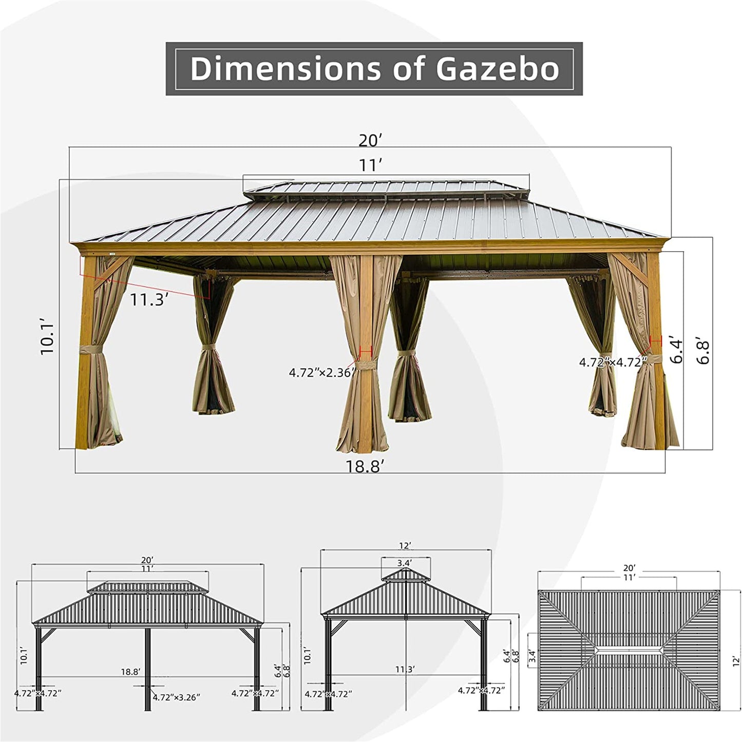 Shana 12 X 20 ft Hardtop Gazebo Outdoor Wooden Grain Coated Aluminum  - Yellow Brown