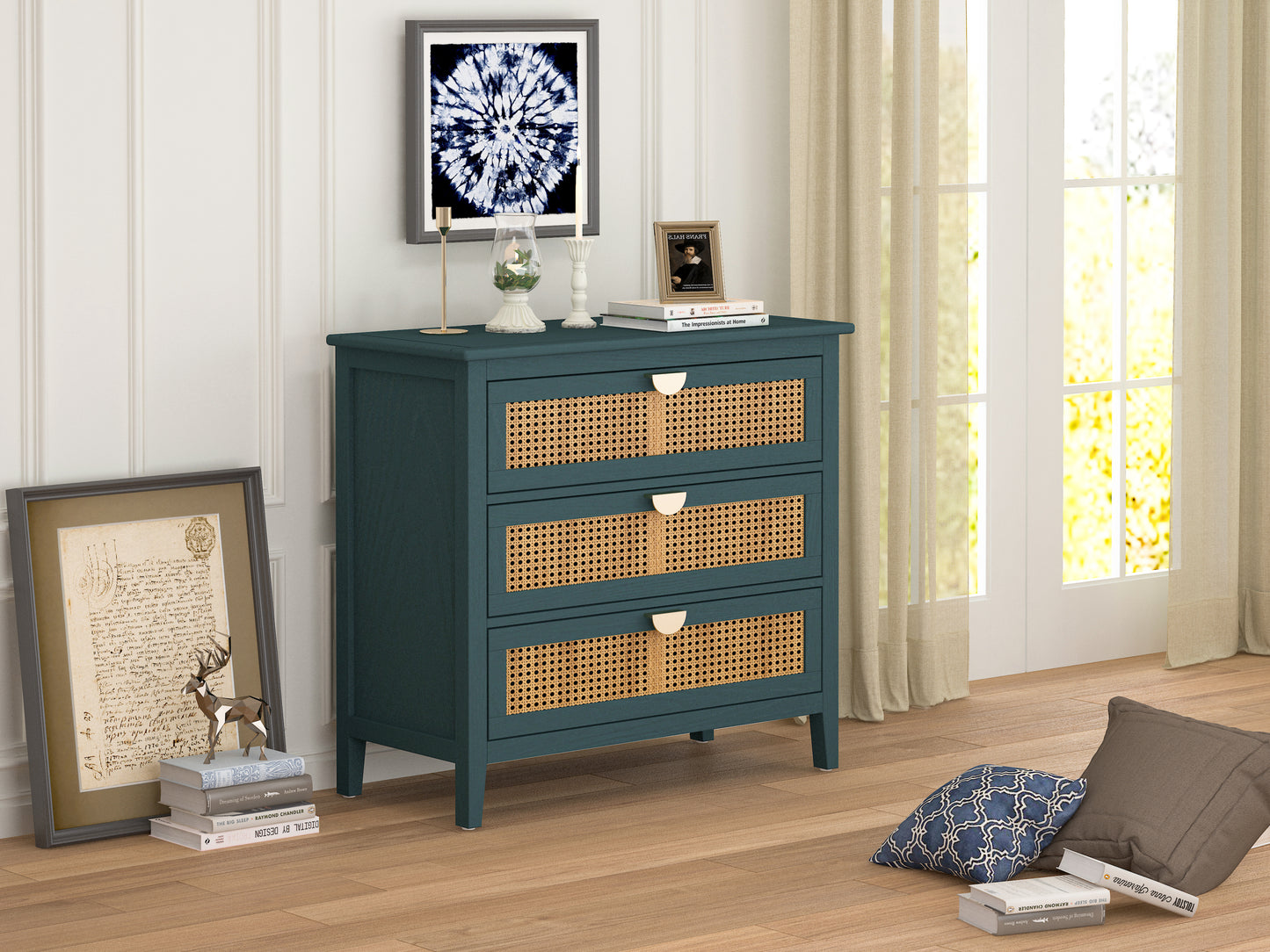 Valerie Natural Rattan 3 Drawer Cabinet - Green