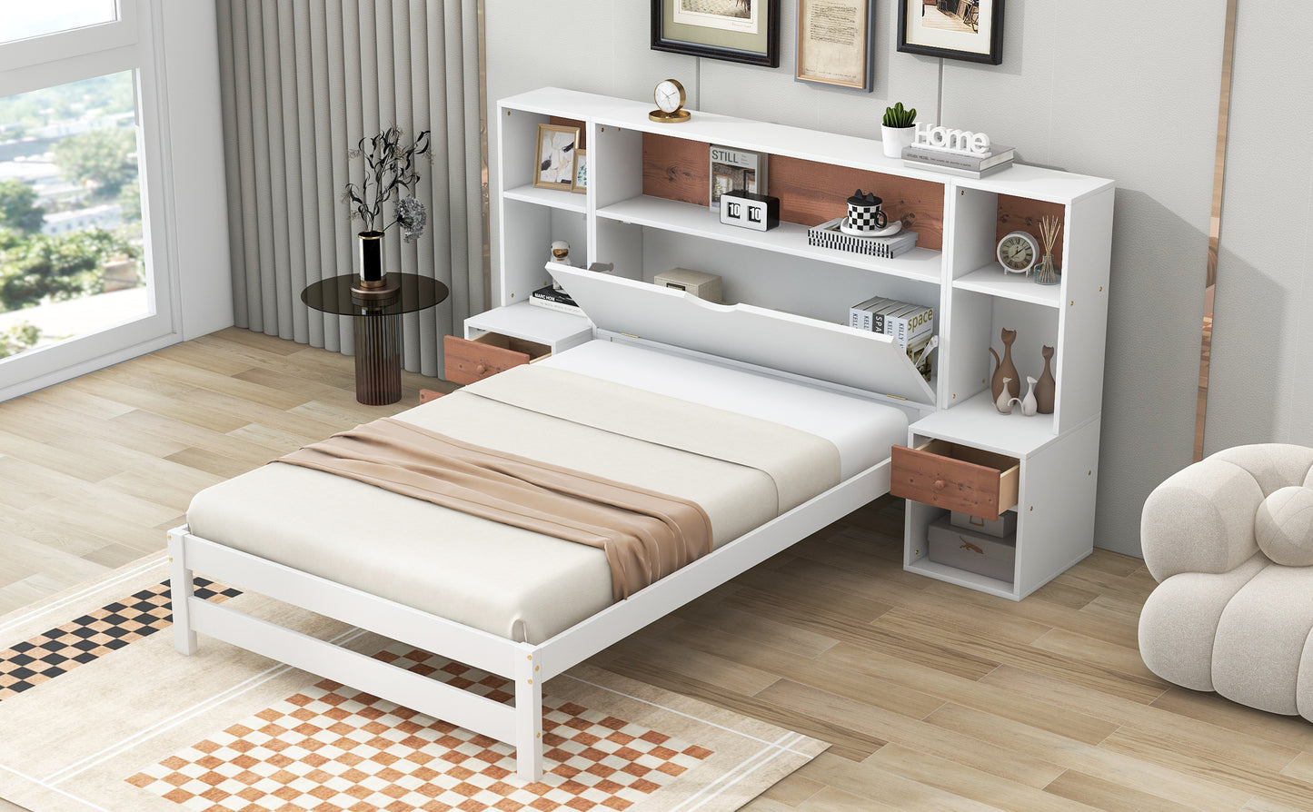 Jo Twin Size Platform Bed w Storage Headboard and Drawers - White