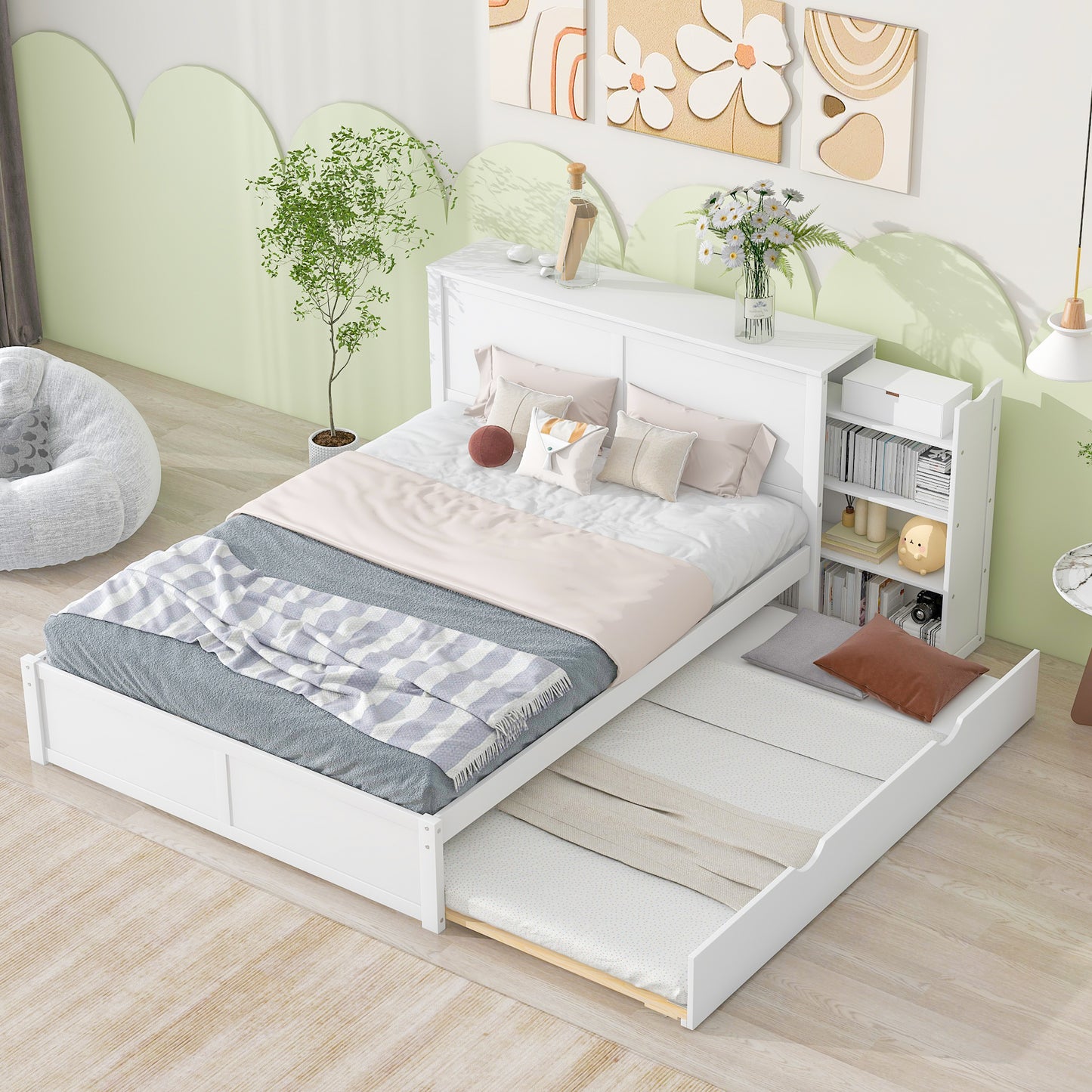 JR Queen Size Platform Bed w Pull Out Twin XL Size Trundle - White