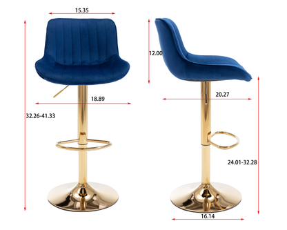 Stramline Adjustable Velvet + Golden Leg Bar Stool - Blue Set of 2