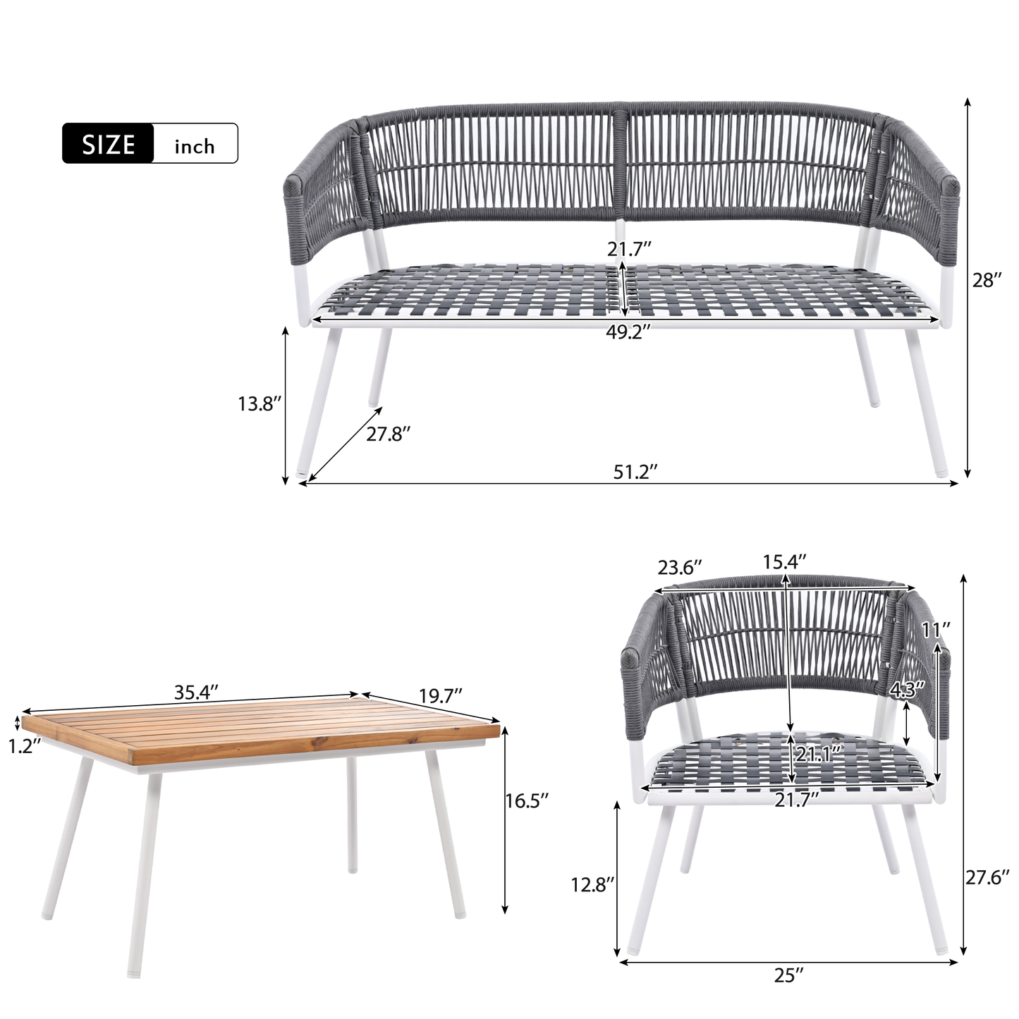 Boho 4 Pc Rope Patio Furniture Set - Gray