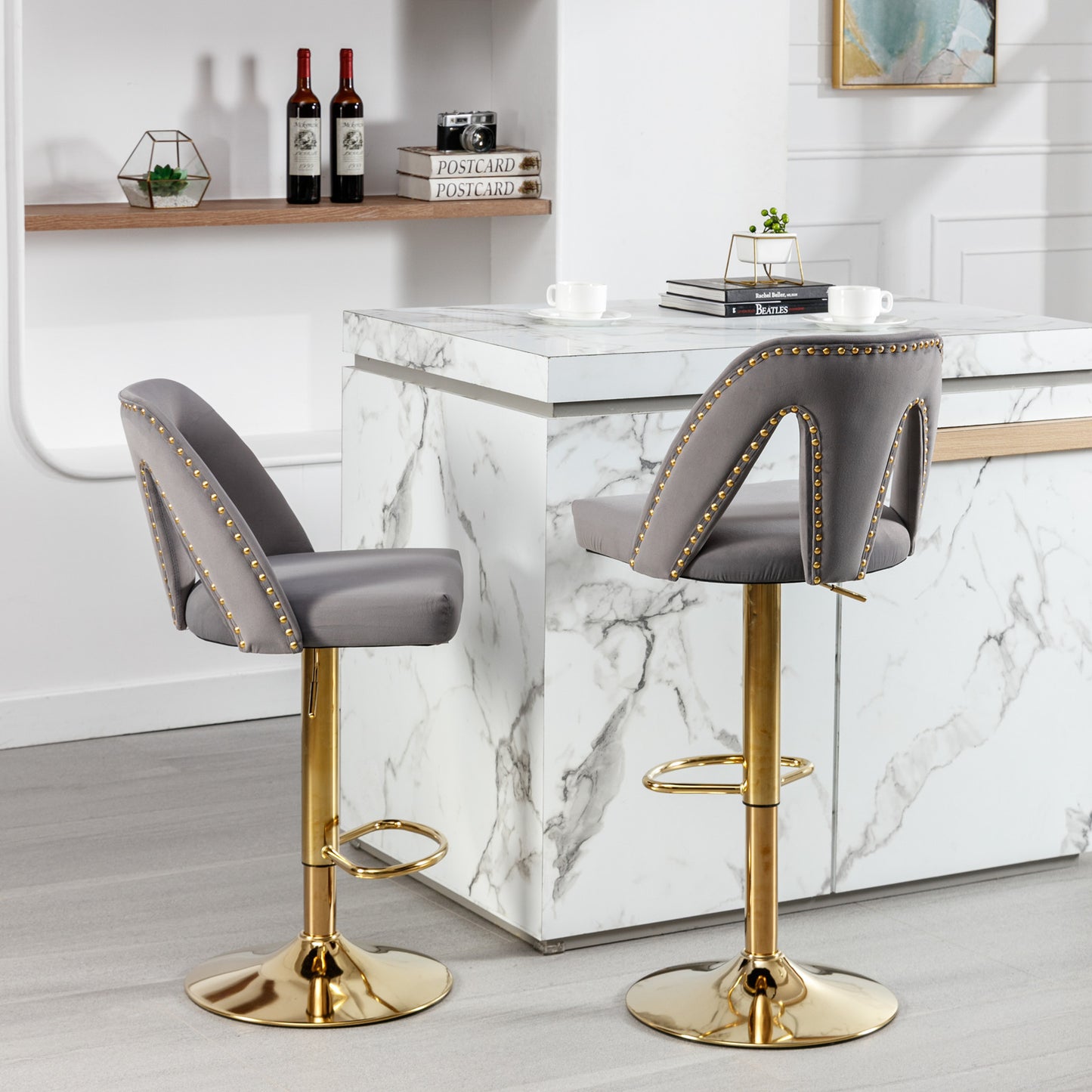 Nadia Velvet Adjusatble Seat  Bar Stool - Gray Set of 2