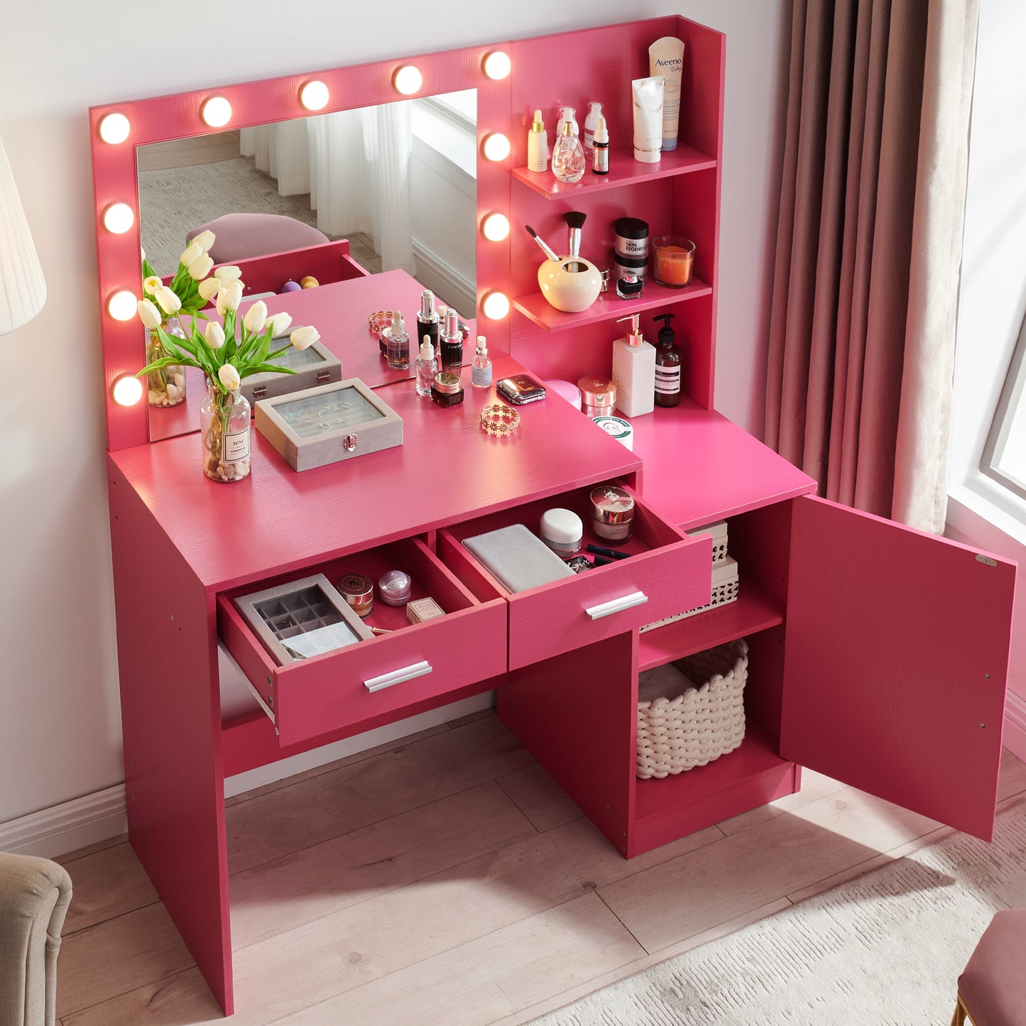 Melanie Vanity Desk with Mirror and Lights - Rose Pink