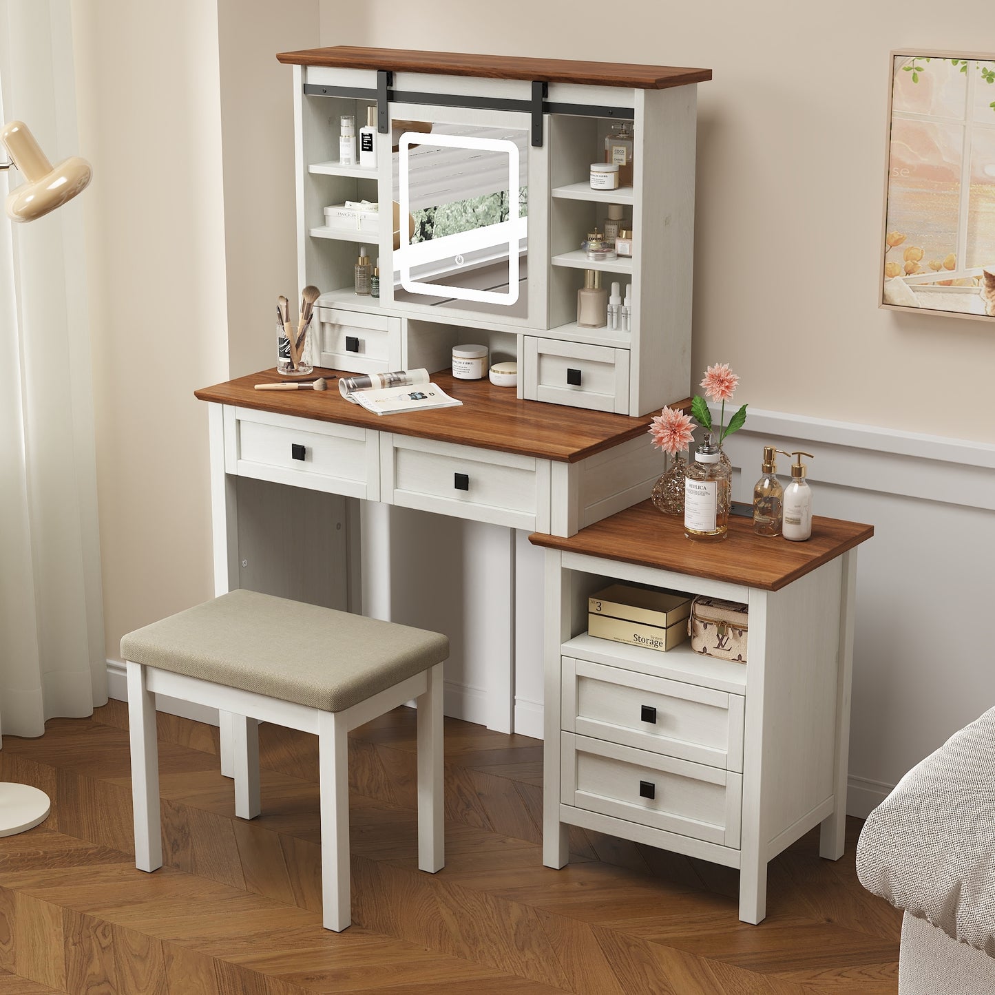 Alma Vanity Table Set with Side Cabinet and Cushioned Stool