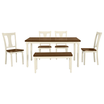 Trey 6pc Dining Set Wooden Table 4x Side Chairs And Bench - Brown+White