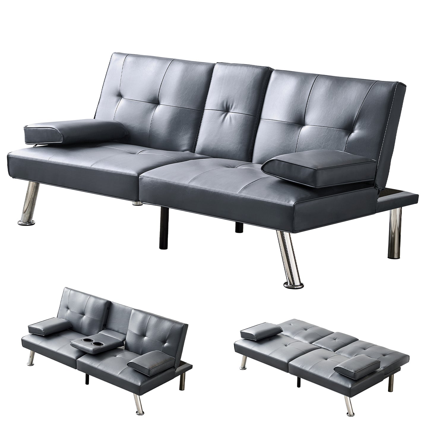 Jax Convertible Faux Leather Sofa Bed  - Grey