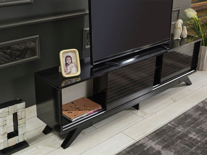 Luxia Mid Century Modern TV Stand 2 Sliding Door- Black