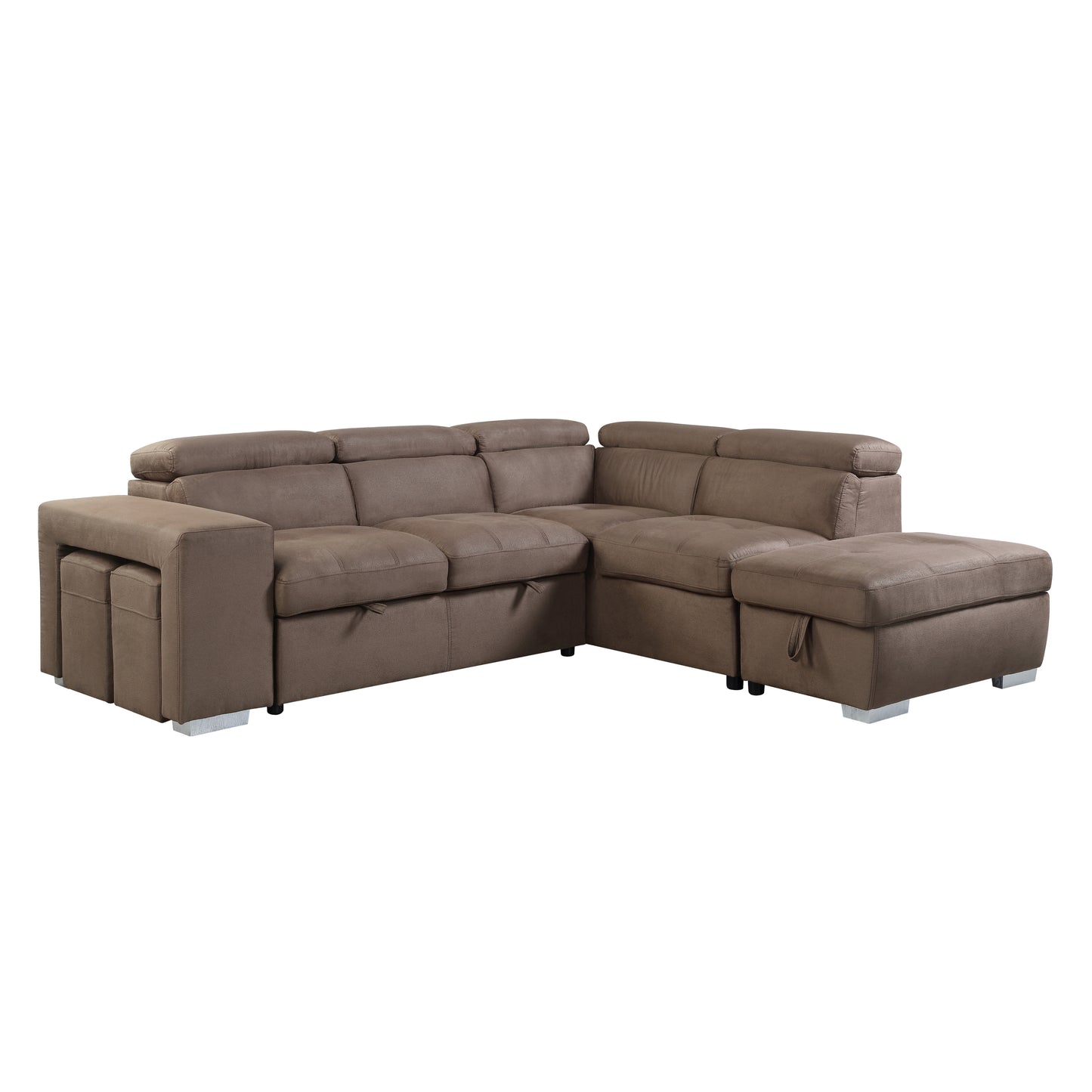 Kavi Fabric Sleeper Sectional Sofa w/2 Pullout Stools - Brown