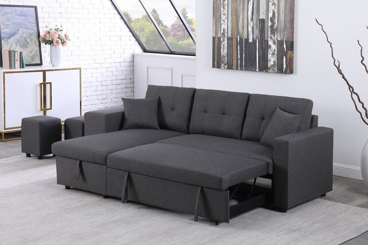 Dennis Fabric Reversible Sleeper Sectional with Storage Chaise and 2 Stools - Dark Gray