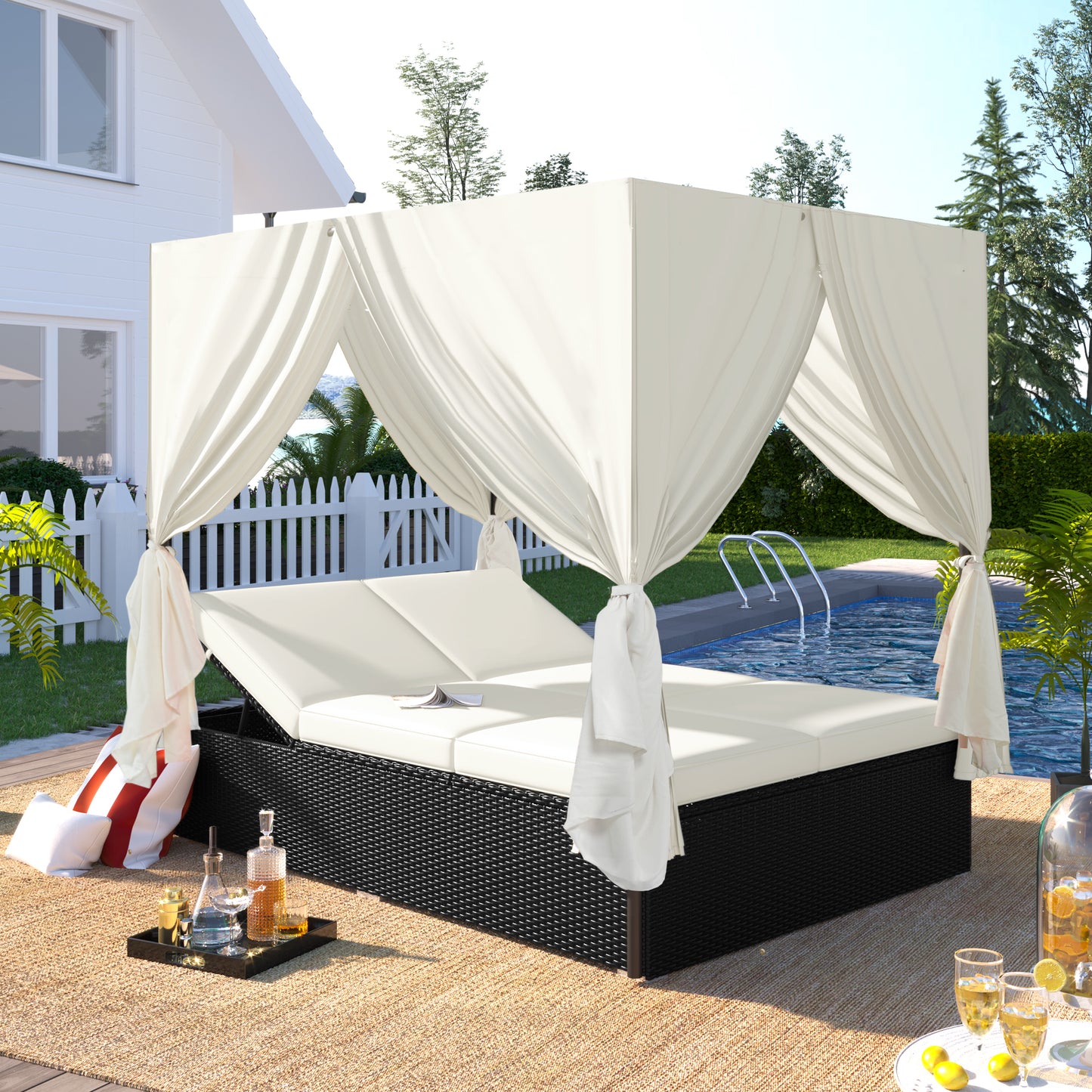 Amina Outdoor Patio Wicker Sunbed Daybed with Cushions - Beige