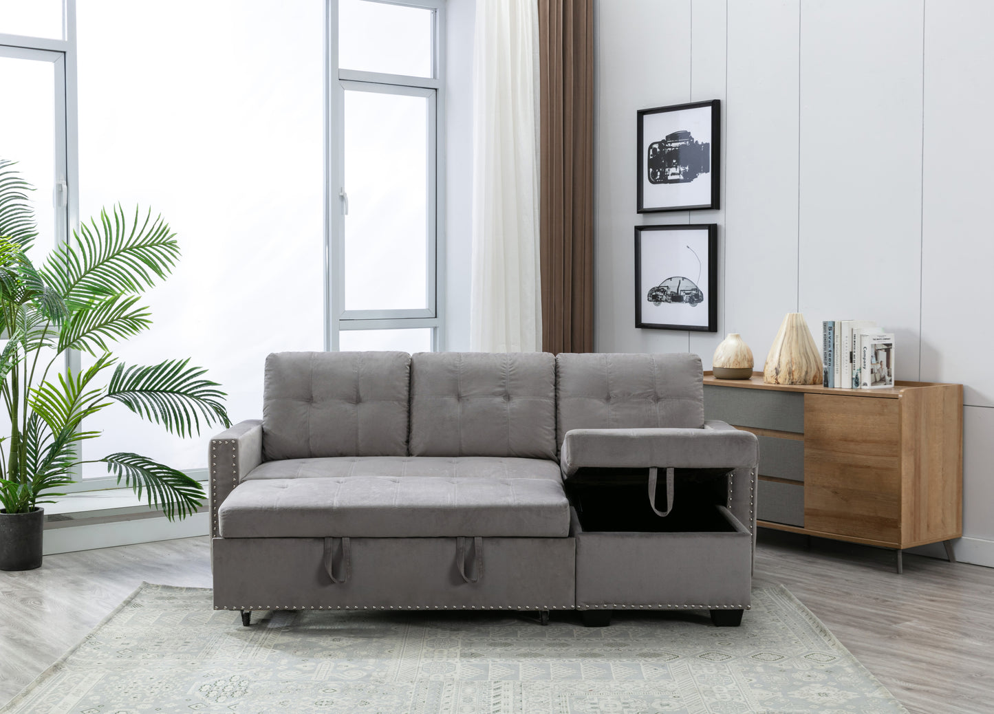 Eki Reversible Sectional Storage Sleeper Sofa Bed - Light Grey