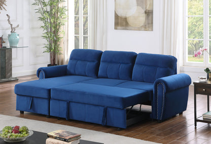 Ashton Velvet Fabric Reversible Sleeper Sectional Sofa Chaise - Blue