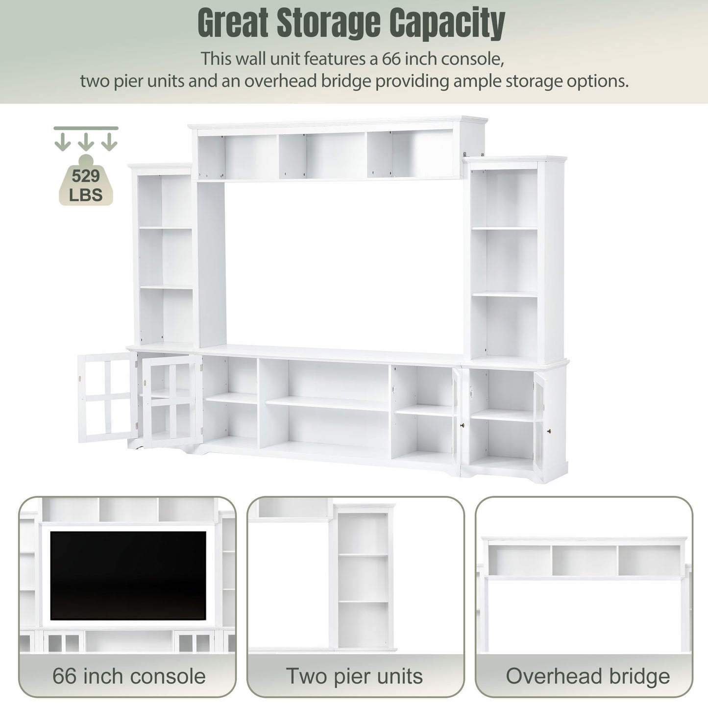 Tio Entertainment Wall Unit TV Stand with Tempered Glas - White