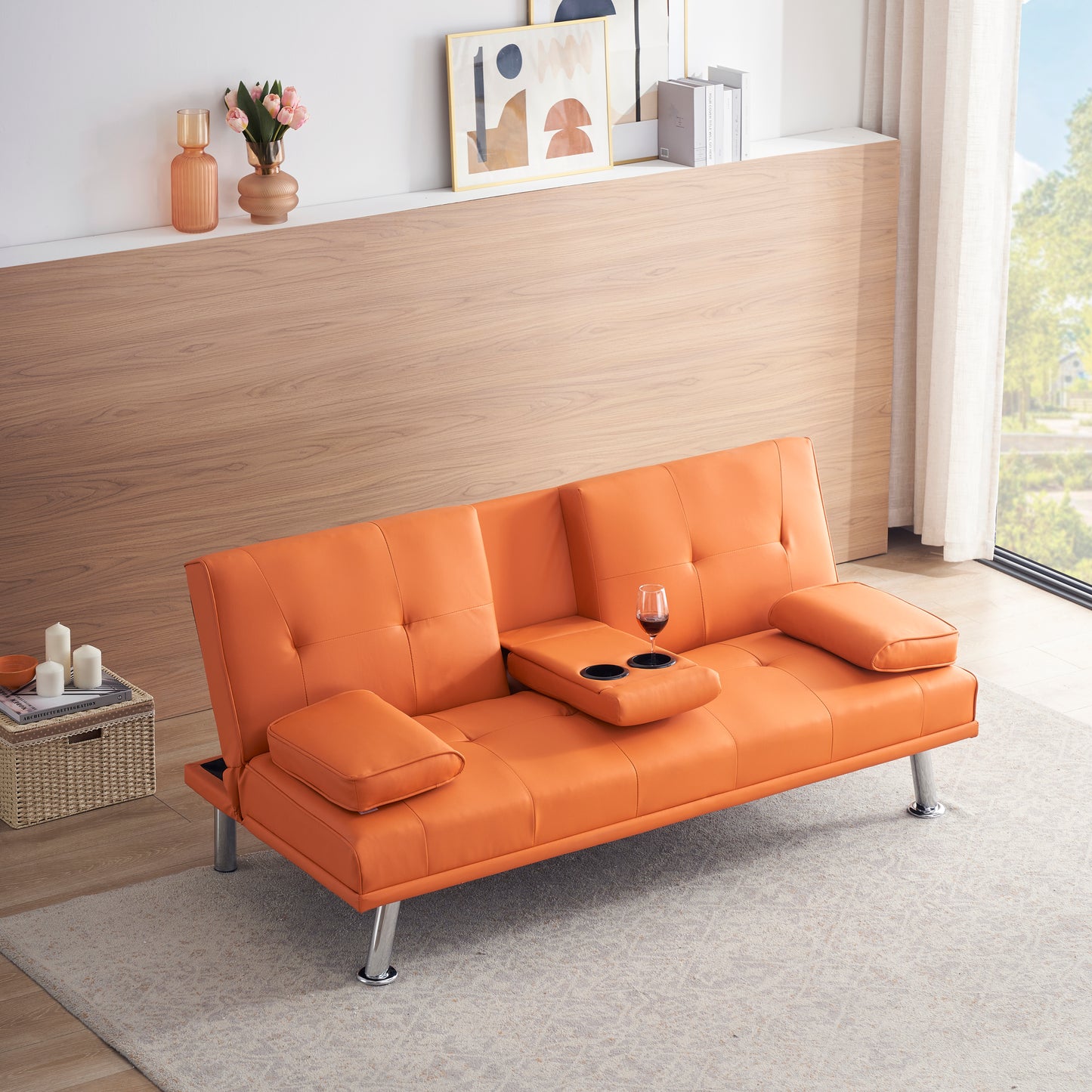 Neza Convertible Faux Leather Sofa Bed  - Orange