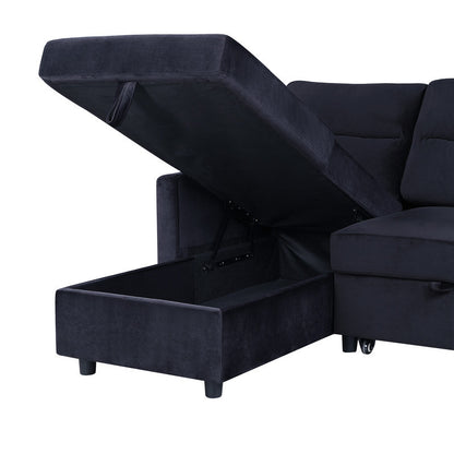 Ivy Velvet Reversible Sleeper Sectional Sofa with Storage  - Black