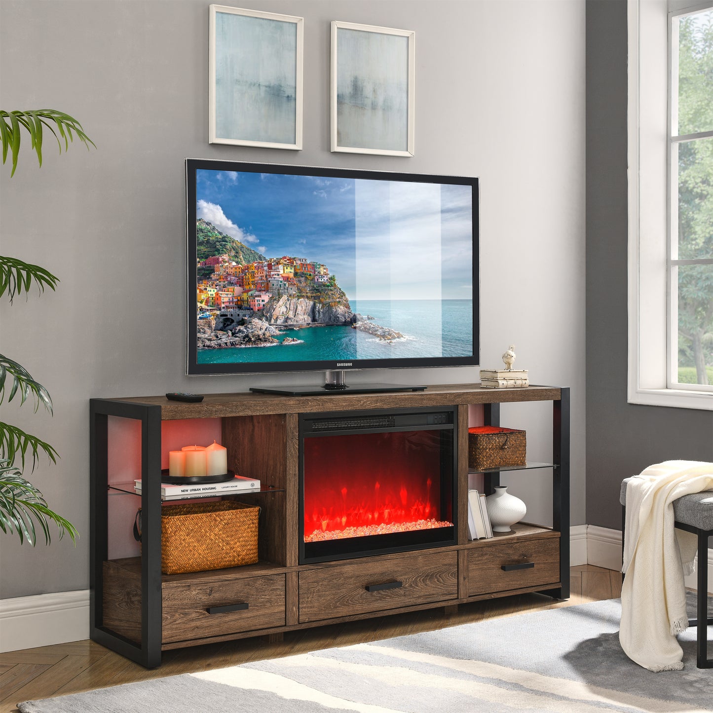 Electric Fireplace MediaTV Stand with Colorful LED Lights - Barn Wood