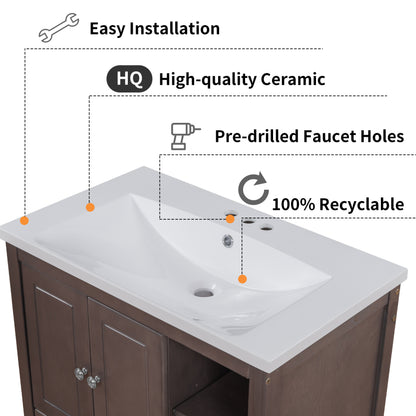 Wooden Bathroom Vanity with Ceramic Sink - Brown