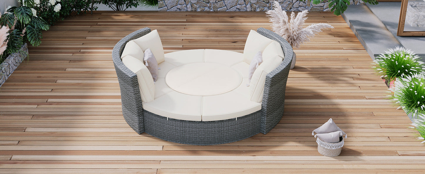 Marvelo 5 Pc Round Rattan Sectional Sofa Set - Beige