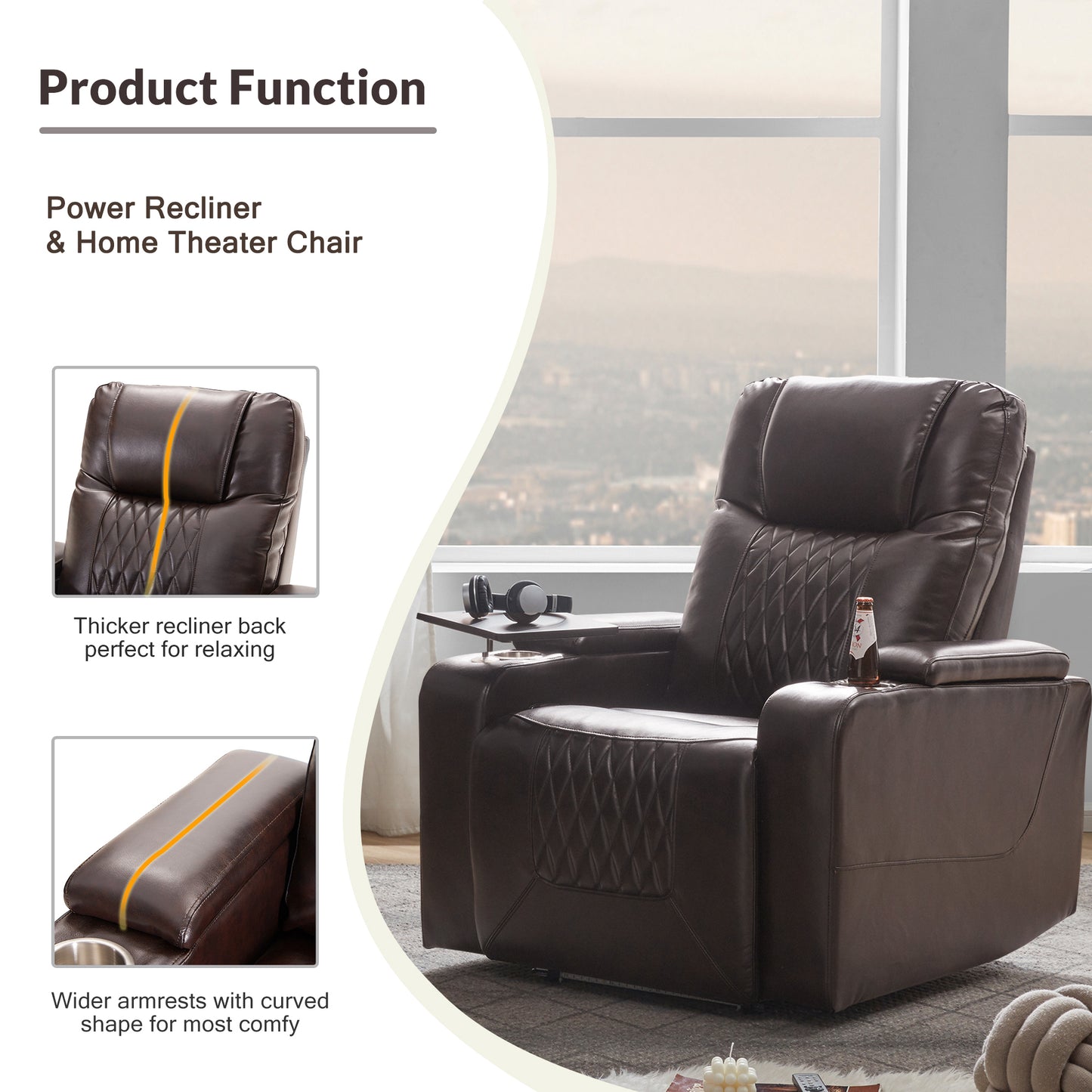 Nest Power Motion Recliner with  360° Swivel Tray - Brown