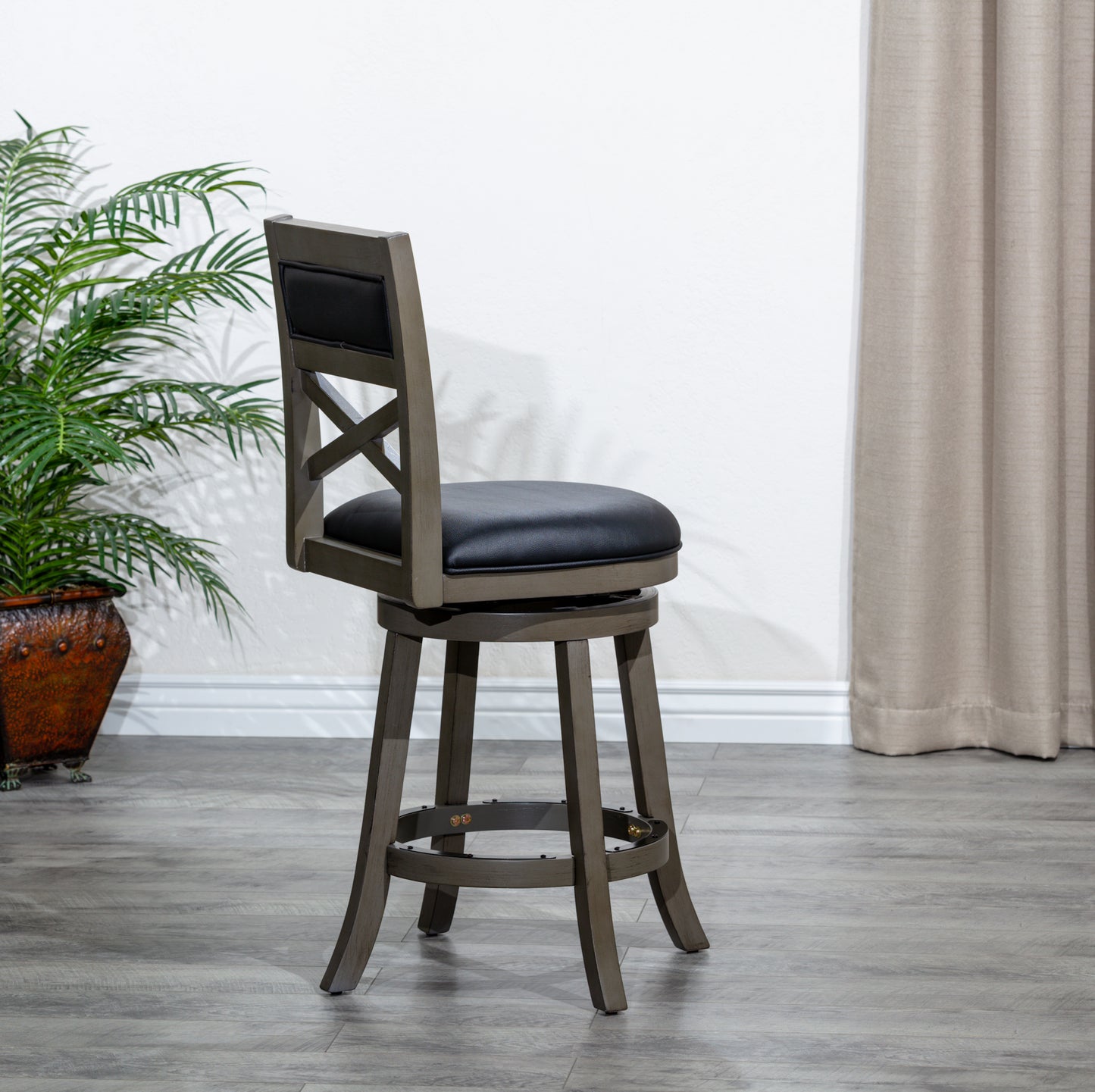 Counter Height X-Back Swivel Stool, Weathered Gray Finish, Black Leather Seat