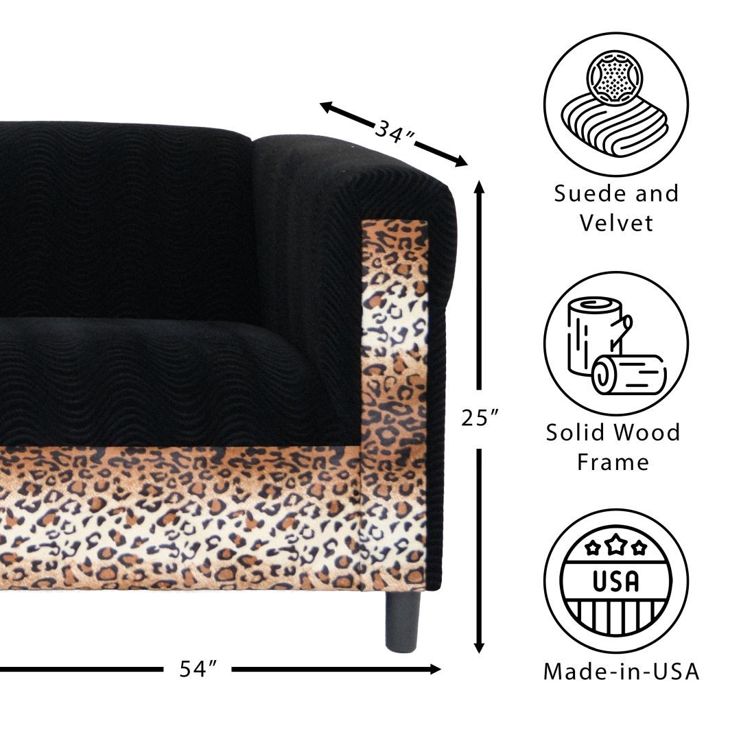 Myrtle Velvet Loveseat Sofa with Leopard Print - Black