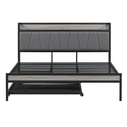 Quest Queen Size Metal Platform Bed Frame with Trundle - Black