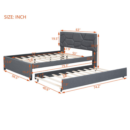 Brick Full Size Upholstered Platform Bed with Twin Size Trundle - Gray