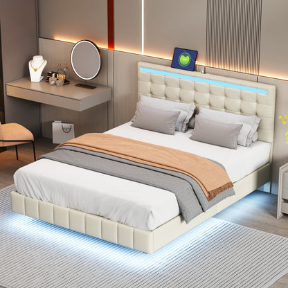 Marc Queen Size Floating Bed Frame with LED - Beige