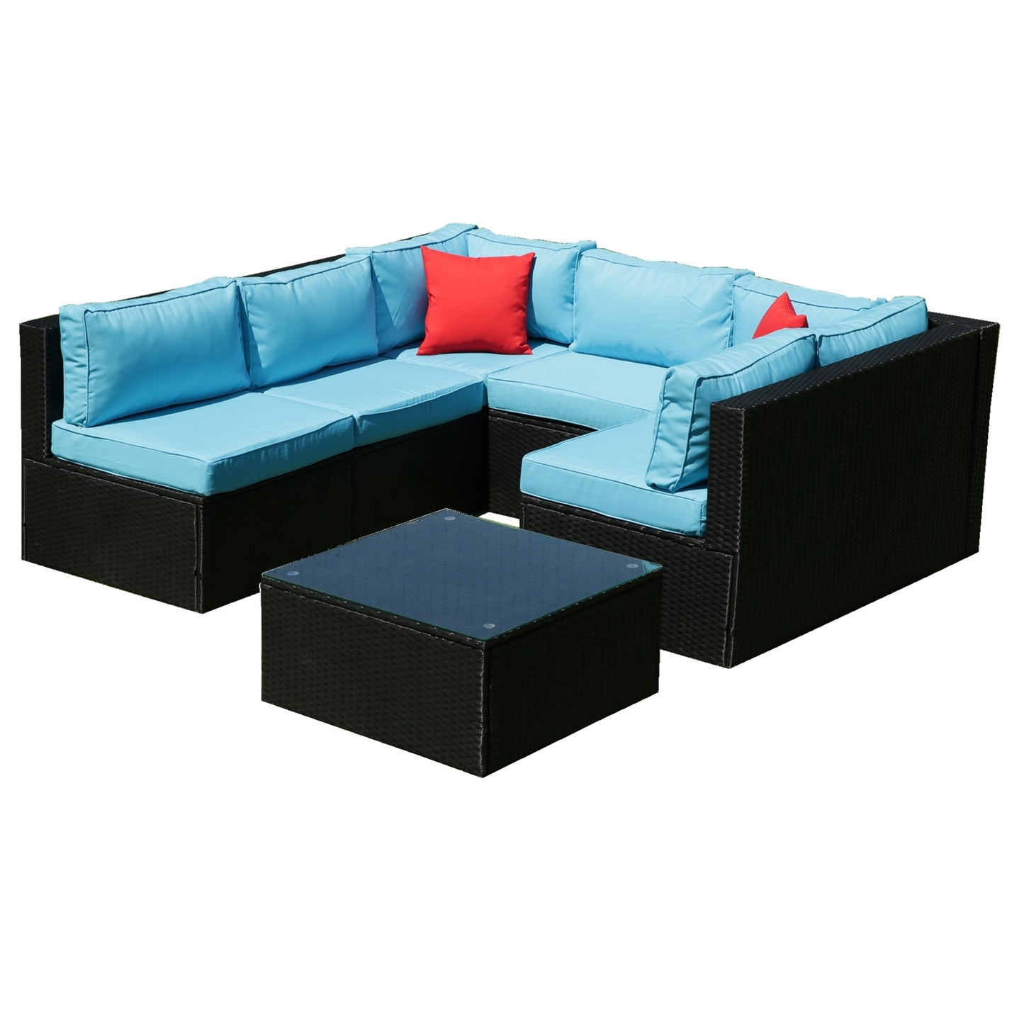 Russo 5 Pc Outdoor Patio Rattan Sectional Sofa Set - Black+Blue