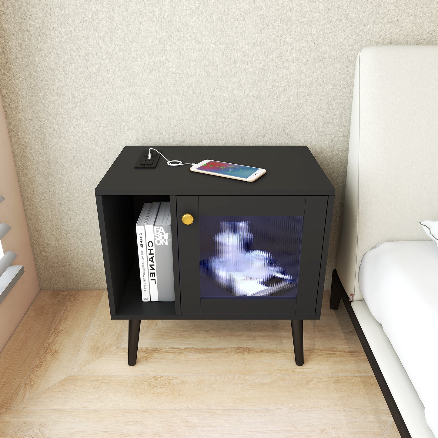 Macy LED Nightstand with Charging Station - Black