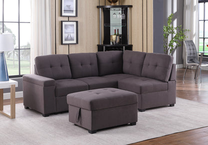 Katie Linen Sleeper Sectional Sofa with Storage Ottoman - Brown