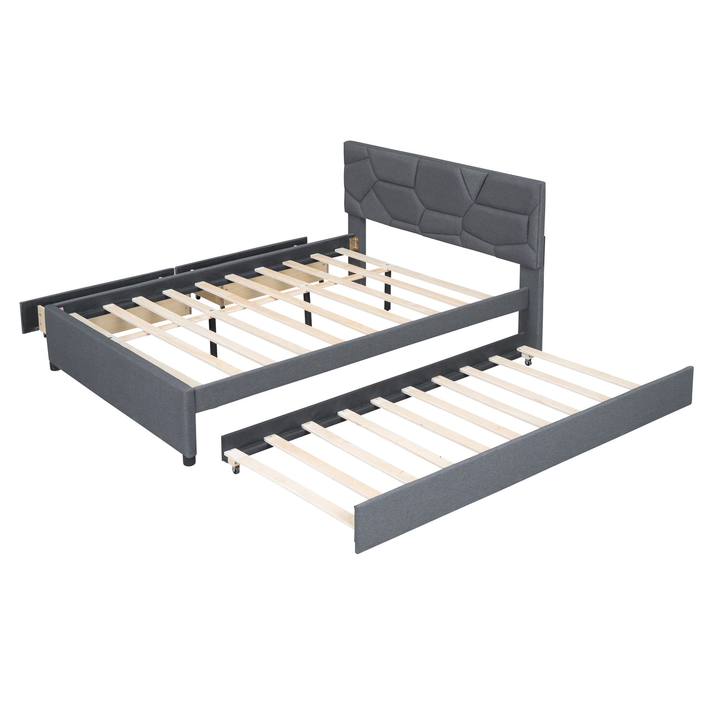 Brick Queen Size Platform Bed with 2 drawers and Twin Size Trundle - Gray