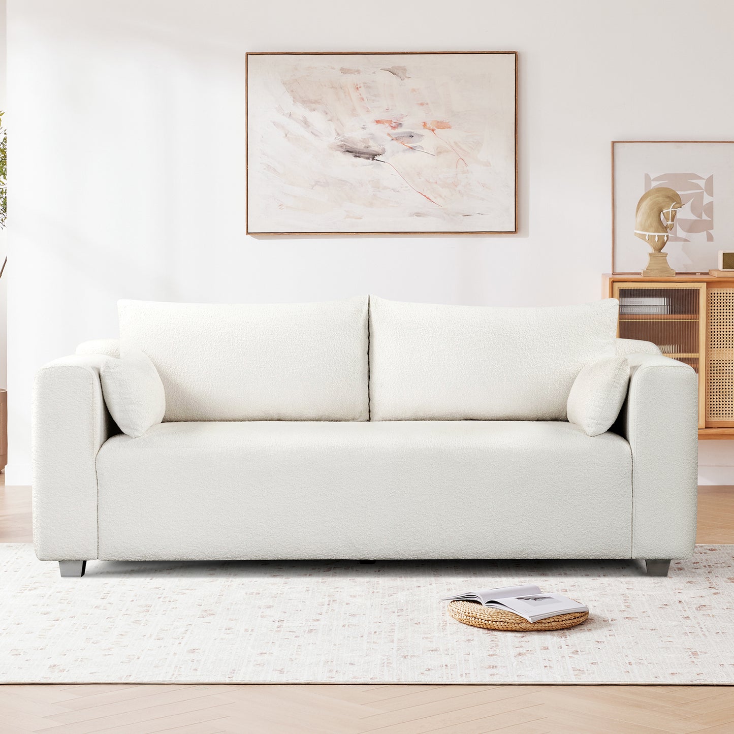 Fabric Sofa with 2 Pillows - White