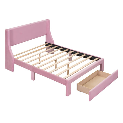 Renni Full Size Velvet Platform Bed Frame with Drawer - Pink