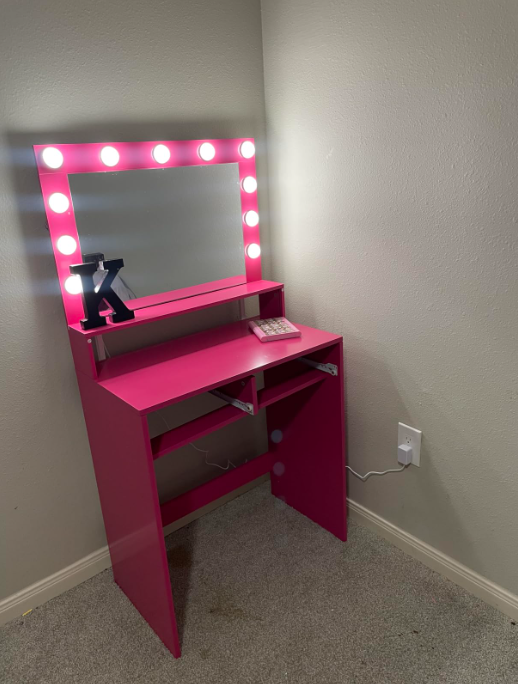 Neve Vanity Desk with Mirror and Lights - Rose Pink