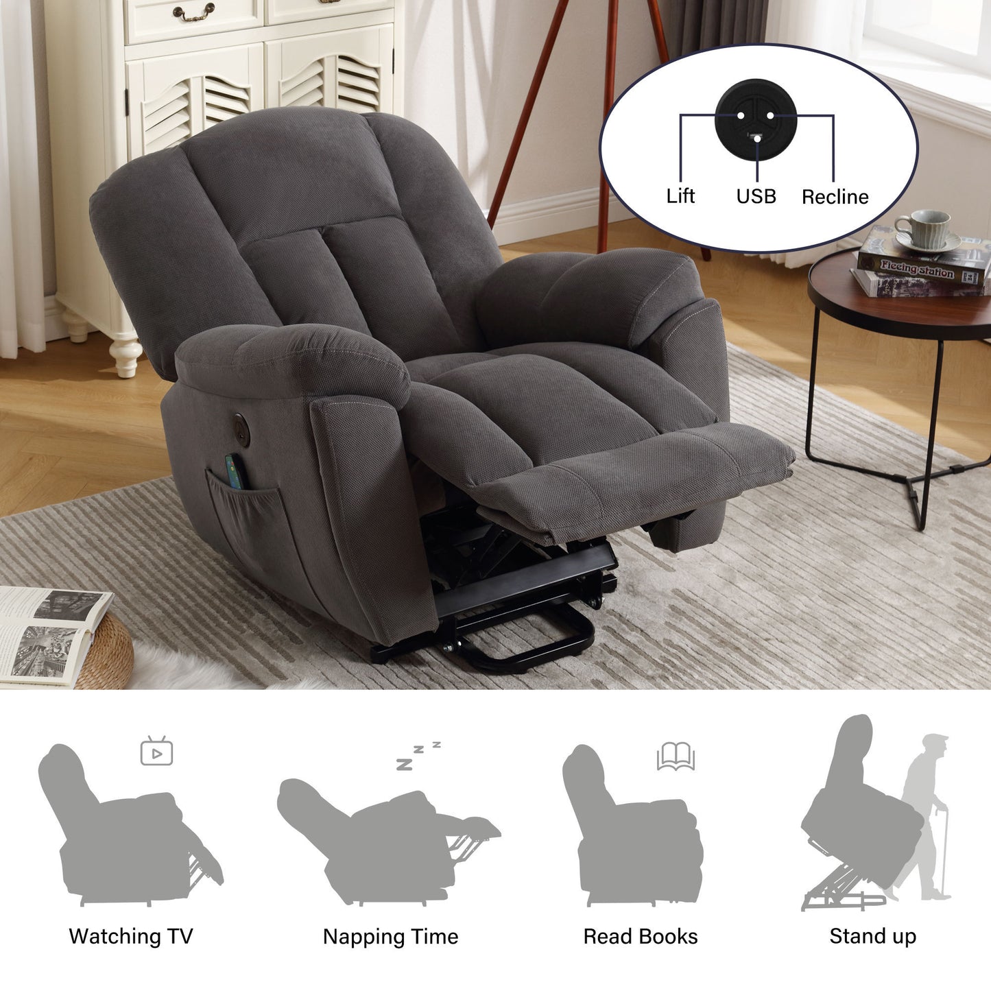 Minder Power Lift Recliner Chair Recliners - Gray