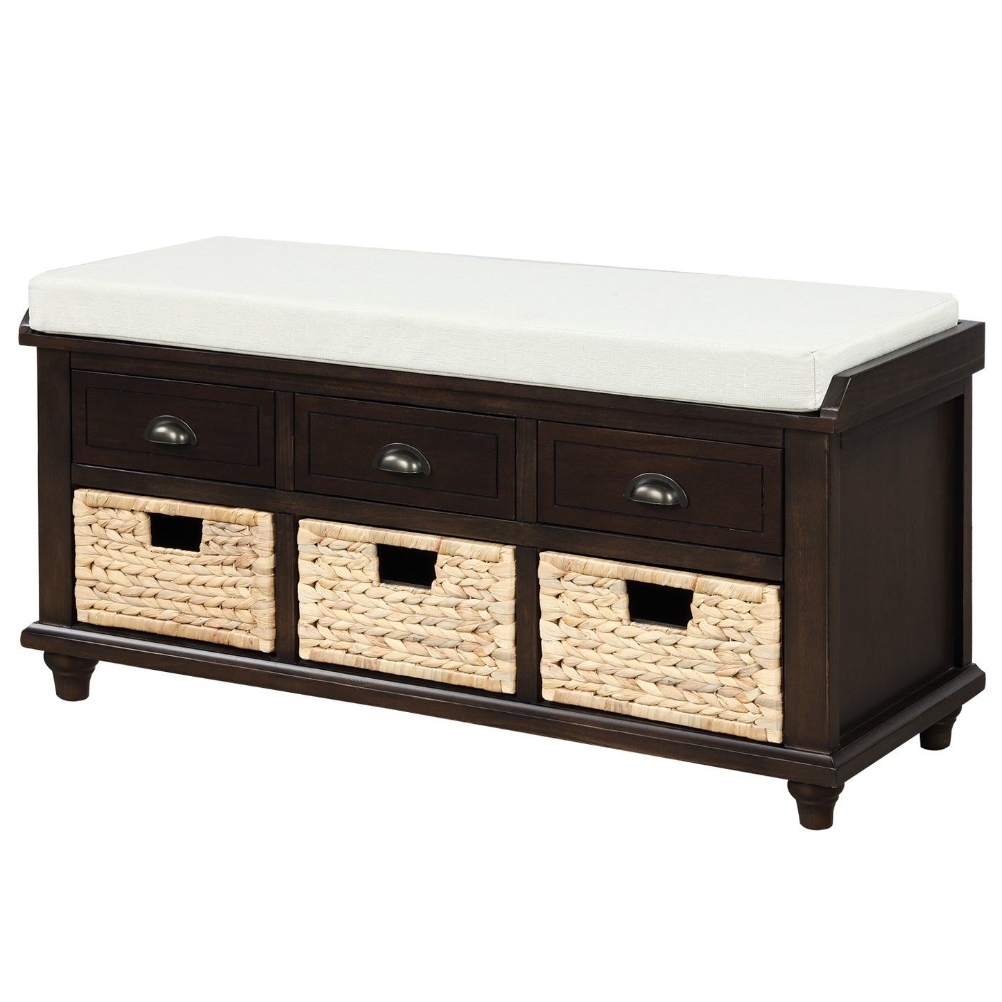 Rustic Storage Bench with 3 Drawers and 3 Rattan Baskets - Espresso