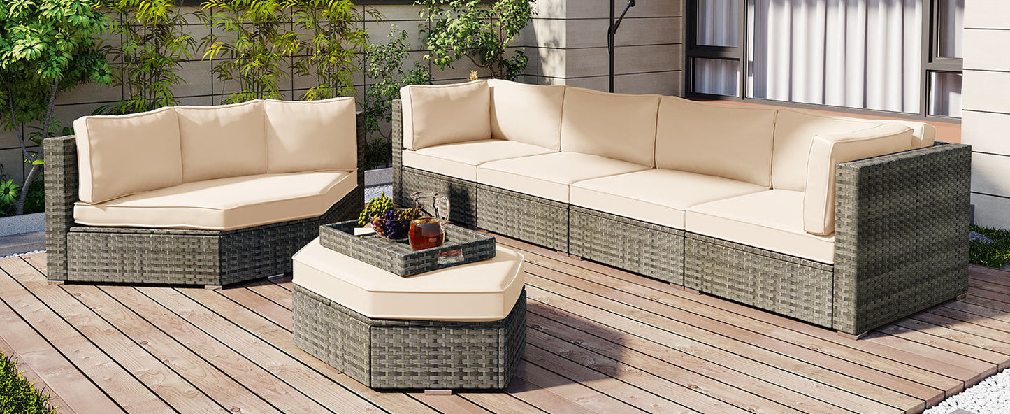 Keva 6 Pc Outdoor Rattan Wicker Half-Moon Sectional Sofa Set - Beige