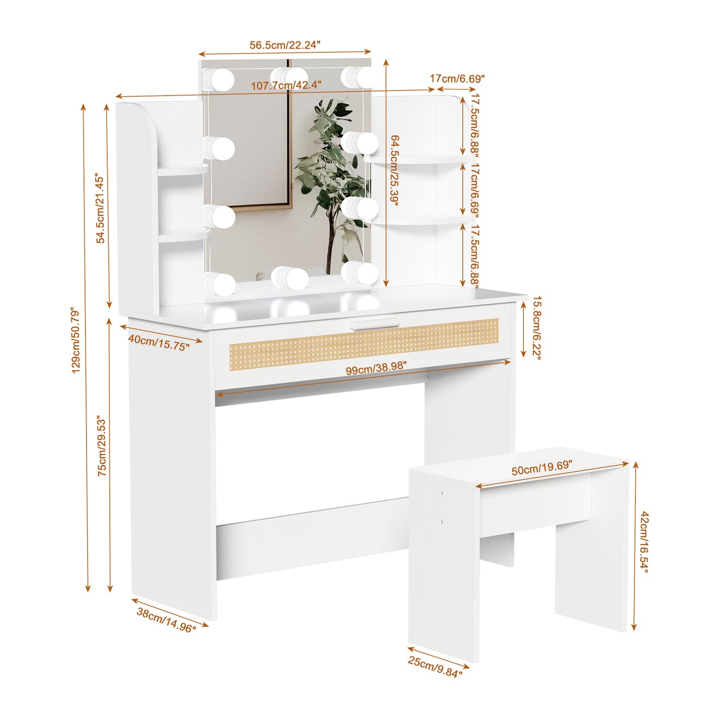 Brooks II Vanity Desk Set With LED Lighting Mirror - White