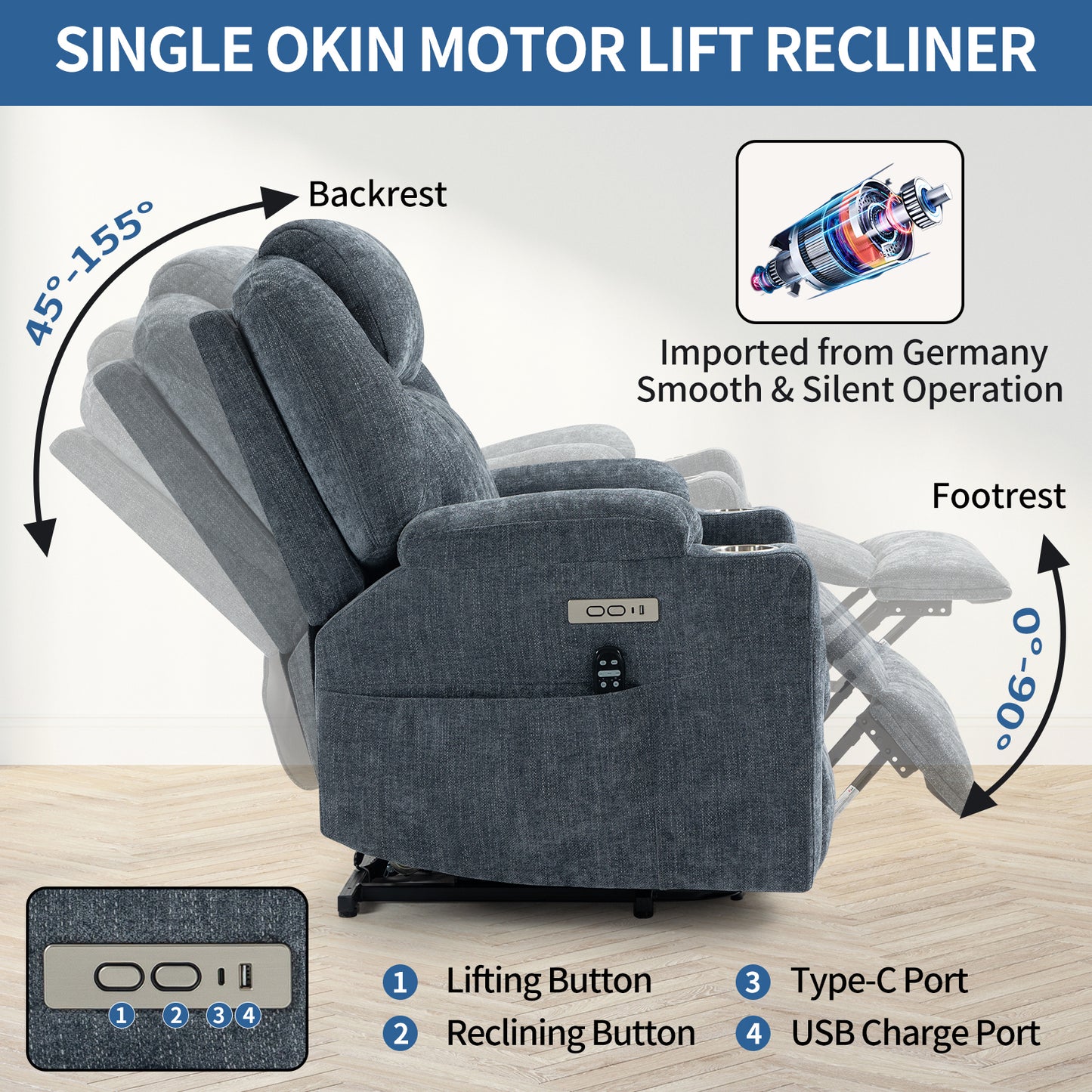 Okin Power Lift Chenille Recliner with Massage & Heat - Blue