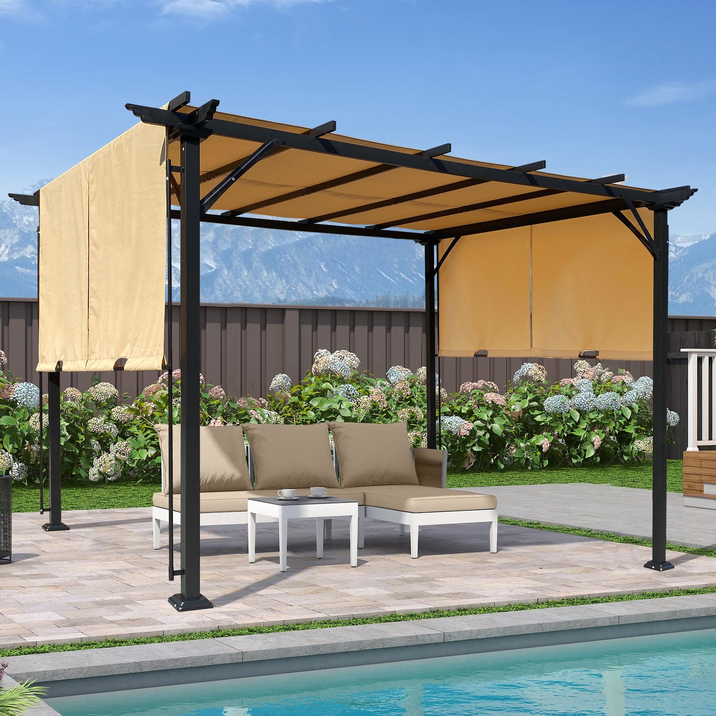 Manson 9.5 x 12 ft Outdoor Retractable Pergola - Khaki