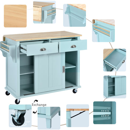 Culinary  Kitchen Cart with Countertop With Barn Door - Mint Green